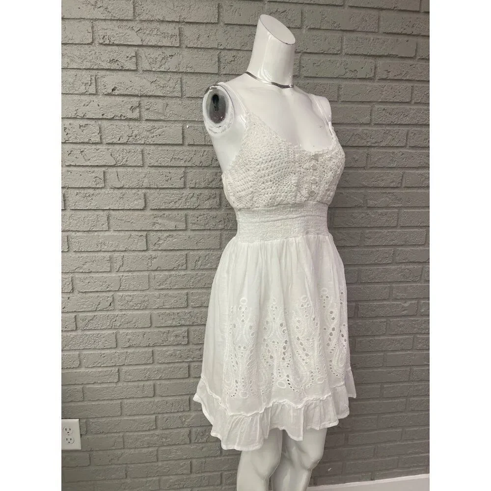 Indian Emporium Women White Cotton Crochet Smock Waist Eyelet Ruffle Dress Size